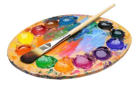Vibrant artist's palette with various colorful paint blobs and a brush, perfect for creative projects, art class, or studio inspiration.