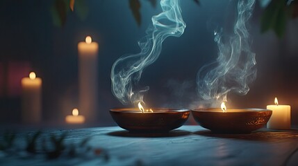 Incense smoke drifting elegantly in a dim room, with candles softly glowing in the background.