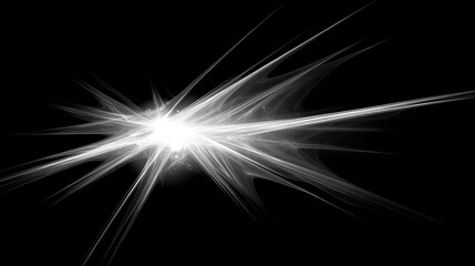 Isolated lens flare with sharp, white light beams and faint orbs, creating a cinematic look on black.