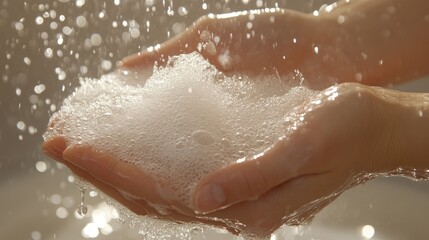 Fototapeta premium Lathered hands rubbing together under running water, focus on soap bubbles and cleanliness in a bright bathroom.