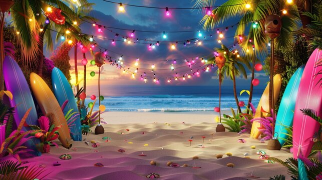 3D background showing a vibrant beach party with colorful decorations, surfboards and festive lights
