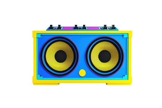 Colorful retro style boombox speaker with vibrant yellow and blue design, highlighting loud music and nostalgic vibes.