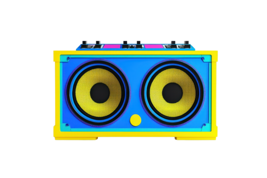Colorful retro style boombox speaker with vibrant yellow and blue design, highlighting loud music and nostalgic vibes.