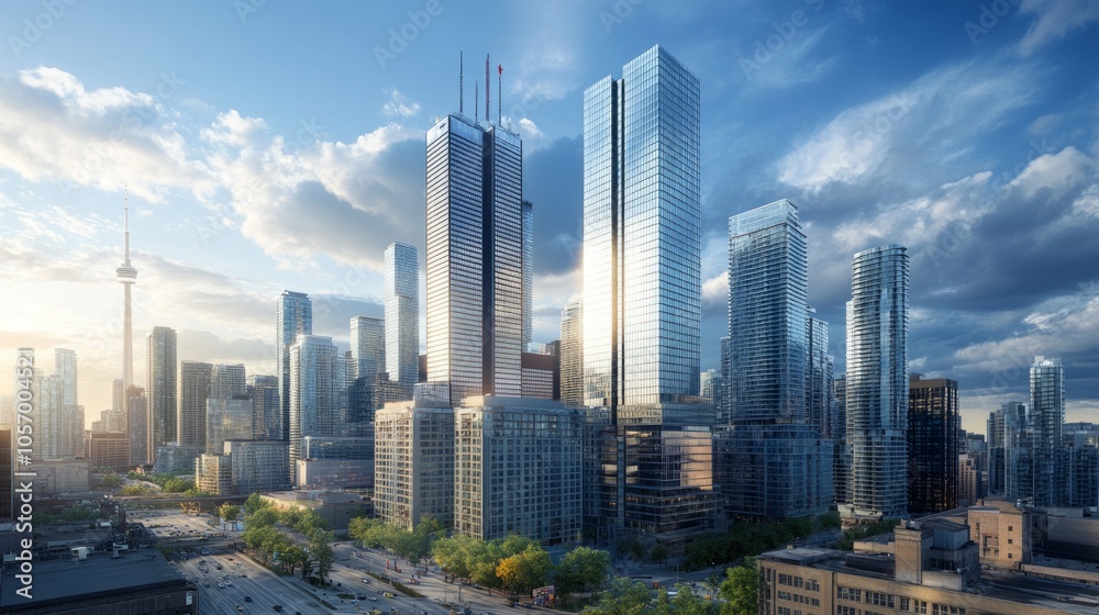 Poster a city skyline with a large building in the middle