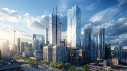 A city skyline with a large building in the middle