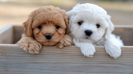 Adorable Golden and White Puppies Peeking Over Wooden Crate