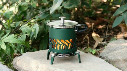 Lightweight camping stove with a small pot on top, surrounded by natural scenery, showcasing ease of use and portability for outdoor cooking.