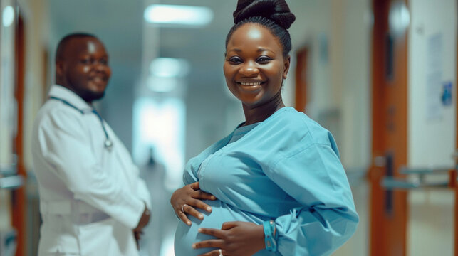 Care and resilience concept. African-American pregnant doctor or nurse in medical uniform in a hospital setting, showcasing dedication and maternal strength. Balancing healthcare duties with pregnancy