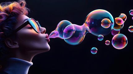 Naklejka premium Iridescent Woman Blowing Colorful Bubbles