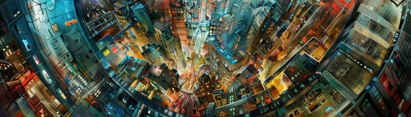 Design a striking oil painting depicting a worms-eye view digital workplace