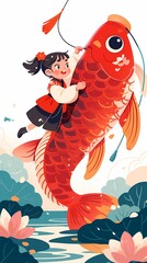 Traditional Chinese New Year boy and carp illustration poster background