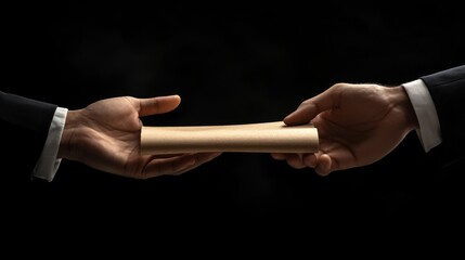 Two hands exchanging a rolled up piece of paper in a dark setting