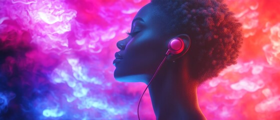 Black person listening to music through earphones, their face glowing with contentment, creating a serene yet uplifting mood, ideal for promoting music streaming or lifestyle visuals