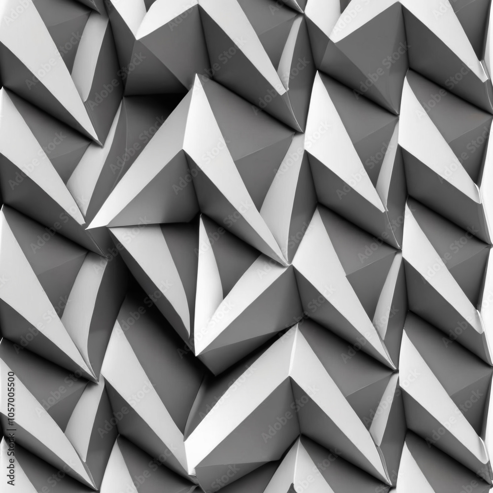 Poster Angular 3D geometric design with repetitive triangular shapes creating an illusion of depth and texture. Symmetrical pattern highlighted by light and shadow