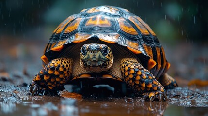 Obraz premium A close-up of a colorful tortoise in a rainy environment.