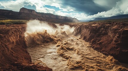 A flash flood tearing through a dry desert landscape, water carving new paths through the earth, showcasing the unstoppable power of water in motion 