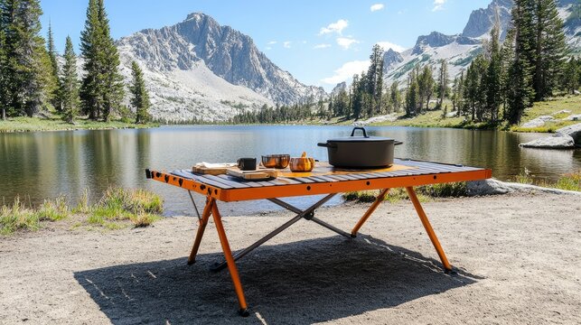 Minimalist folding table set up at a lakeside campsite, durable and streamlined, ideal for compact outdoor cooking or dining.