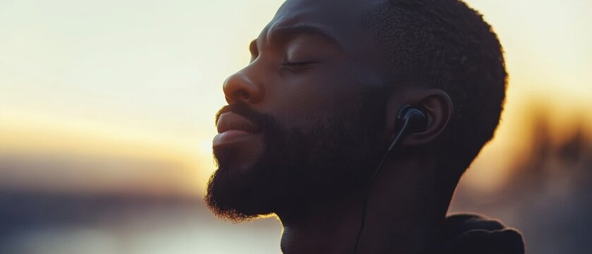 Black person listening to music through earphones, their face glowing with contentment, creating a serene yet uplifting mood, ideal for promoting music streaming or lifestyle visuals