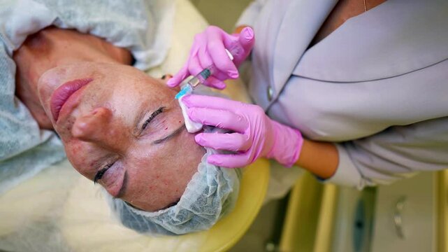 The patient lies with her eyes closed, and the cosmetologist carefully conducts injections into the area around the eyes to combat wrinkles.