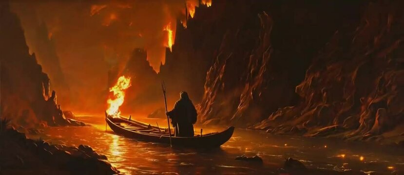 The boatman traveling along the river Styx in search of souls with the eternal fire of the underworld in the background, illuminated by a small torch.
