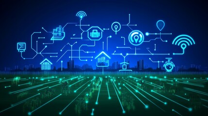 Naklejka premium Smart city network, interconnected devices transforming urban landscape and future of technology