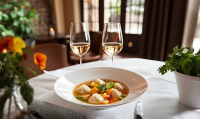 Elegant dining experience featuring a gourmet soup and glasses of white wine in a cozy restaurant setting