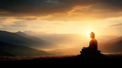 Fototapeta premium majestic Buddha statue sits serenely against stunning sunset backdrop, surrounded by mountains and tranquil atmosphere