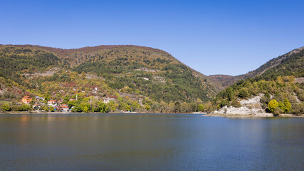 Cubuk Lake in Goynuk District of Bolu, Turkey. Beautiful lake view with windmills.