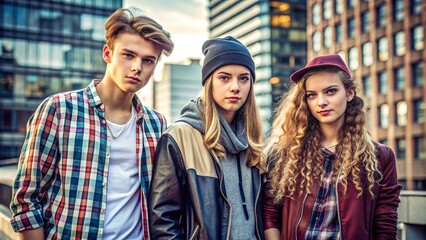 Three young people dressed in casual clothes against the backdrop of skyscrapers.
