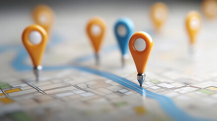 Fototapeta premium colorful map interface featuring playful location markers in yellow and blue, highlighting river and grid layout. This design evokes sense of exploration and navigation