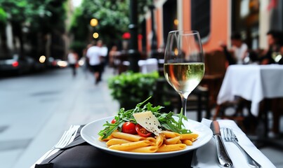 Enjoying a delightful plate of pasta with fresh ingredients and a glass of white wine in a charming outdoor restaurant setting at dusk