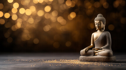 serene golden Buddha statue in tranquil setting, radiating peace and calmness. soft bokeh background enhances spiritual ambiance, inviting reflection and mindfulness