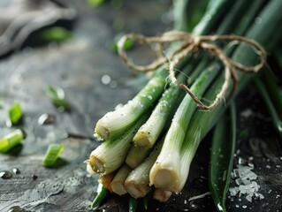 Green garlic on table