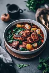 Hearty sausage and vegetable stew served in a rustic bowl, showcasing fresh ingredients on a dark kitchen countertop