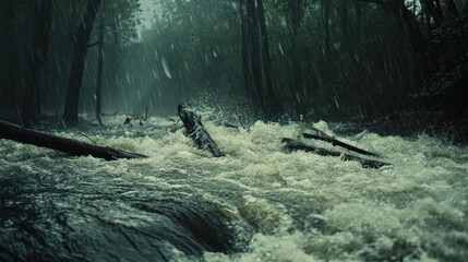 Obraz premium Close-up of floodwaters crashing through a forested area, uprooting trees and debris flowing with intense force, while rain continues to pour 