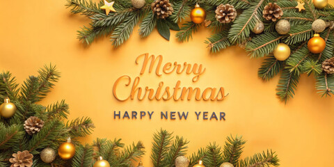Merry Christmas and Happy Holidays greeting card, frame, banner. New Year. Noel. Christmas tree branch, gingerbread. Winter xmas holiday theme.