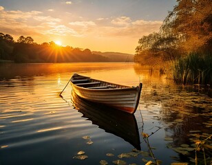 Fototapeta premium Boat anchored on calm lake at golden hour