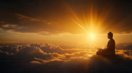 Obraz premium serene scene of Buddha statue meditating above clouds, illuminated by warm sunrise. tranquil atmosphere evokes peace and reflection