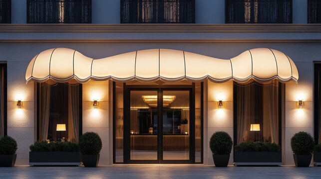 Elegant hotel entrance featuring a soft, illuminated canopy and stylish decor, inviting guests with its warm ambiance and modern design.