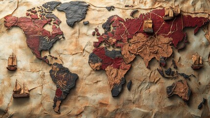 A textured world map featuring vintage ships, crafted with earthy colors and intricate details, evoking a sense of adventure and exploration.