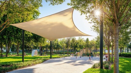 A sunlit park featuring a large shade sail supported by posts, surrounded by trees, offering a tranquil space for relaxation and play.