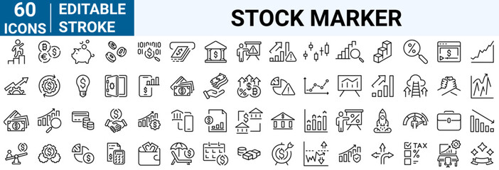 set of 60 line web icons Stock Market. Investment, finance, table, bear, bull, stock exchange, profits, trading, growth. Collection of Outline Icons. Vector illustration.