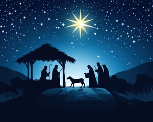 Naklejka premium Illustration of the birth of Jesus with the Star of Bethlehem, a manger, and wise men visiting