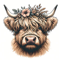 Boho Style Floral Highland Cow Illustration - Generative AI