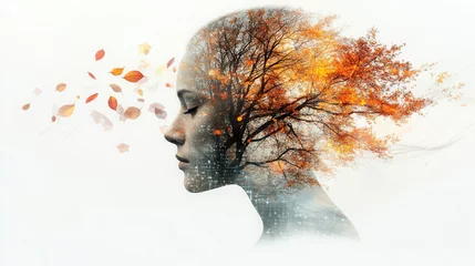 contemplative portrait featuring double exposure of woman profile with tree and autumn leaves, symbolizing nature and introspection © Worakit