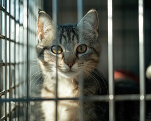 Cat sits in a cage at an animal shelter, awaiting adoption; volunteers caring for animals and their habitats