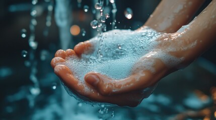 Fototapeta premium Soap-covered hands being scrubbed under a stream of water, rich lather and bubbles emphasizing hygiene and cleanliness.