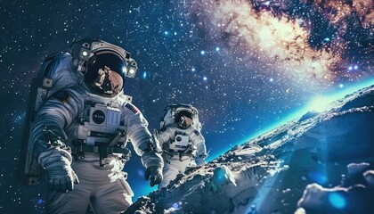 Two Astronauts Exploring a Rocky Extraterrestrial Landscape