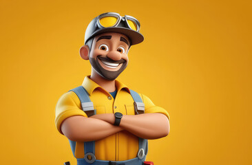 Fototapeta premium Cheerful cartoon construction worker in yellow uniform with goggles and hat on vibrant background. hard work, safety and dedication to constructional projects