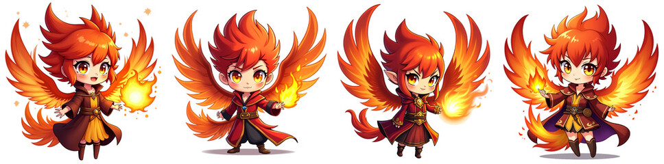Four variations of a bird-like creature with a fiery mane and wings. The creature has a bright, cheerful expression and is holding a flaming orb. The style is cartoonish and cute
